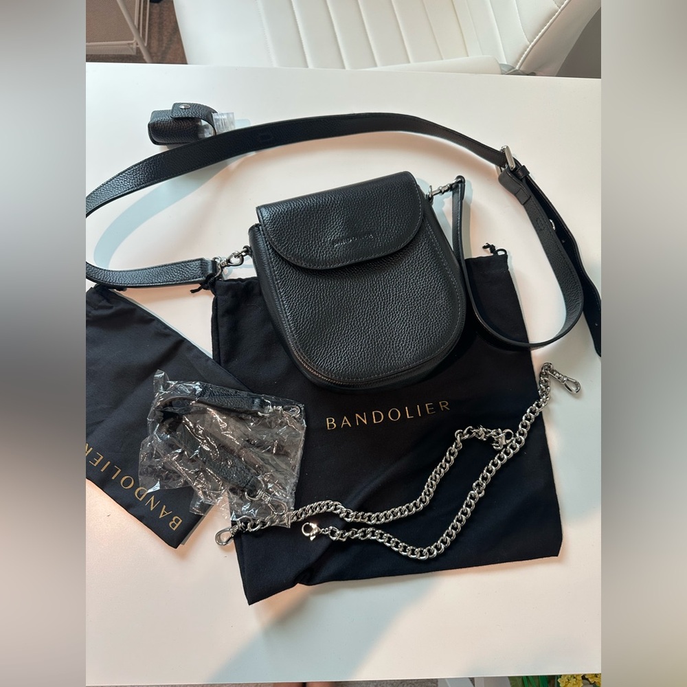 Bandolier Black Pebbled Leather Crossbody with Silver Chain Strap